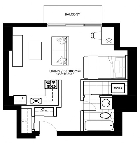 Floor plan for studio, 1 bath, 468 sqft