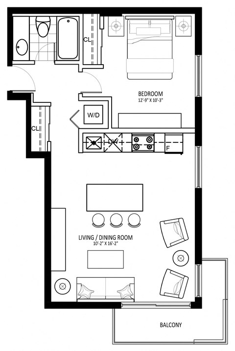 Floor plan for 1 bed, 1 bath, 629 sqft