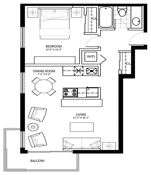 Floor plan for 1 bed, 1 bath, 637 sqft