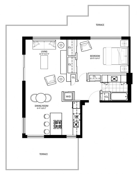 Floor plan for 1 bed, 1 bath, 739 sqft