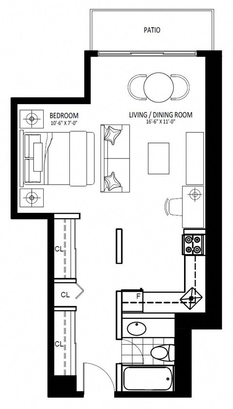 Floor plan for studio, 1 bath, 480 sqft