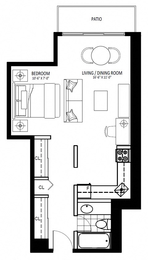 Floor plan for studio, 1 bath, 480 sqft