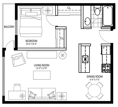 Floor plan for 1 bed, 1 bath, 557 sqft