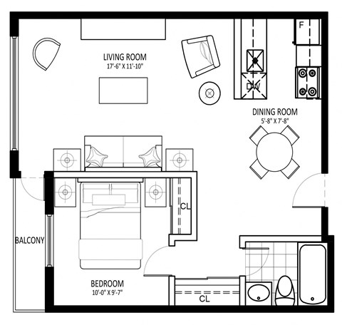 Floor plan for 1 bed, 1 bath, 564 sqft