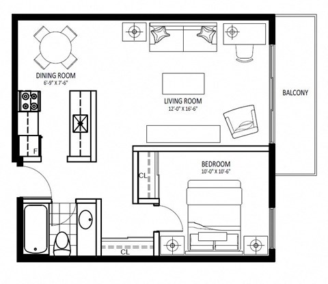 Floor plan for 1 bed, 1 bath, 567 sqft