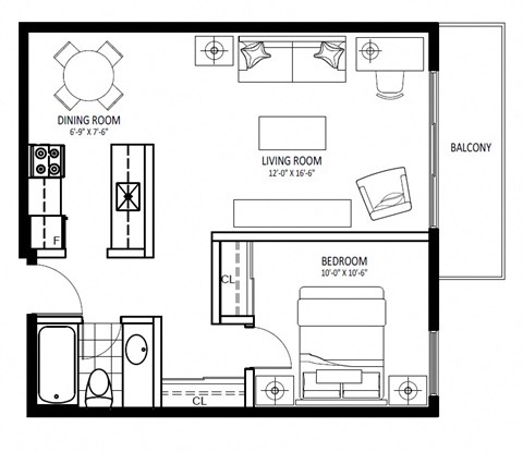 Floor plan for 1 bed, 1 bath, 567 sqft