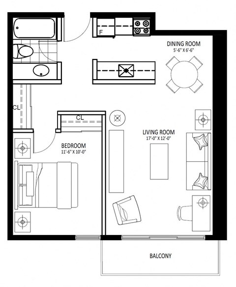 Floor plan for 1 bed, 1 bath, 576 sqft