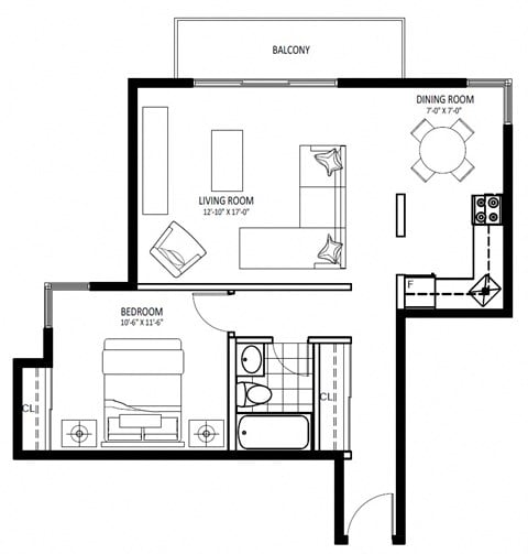 Floor plan for 1 bed, 1 bath, 628 sqft