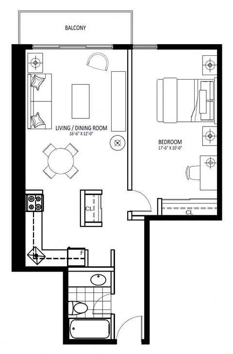 Floor plan for 1 bed, 1 bath, 650 sqft