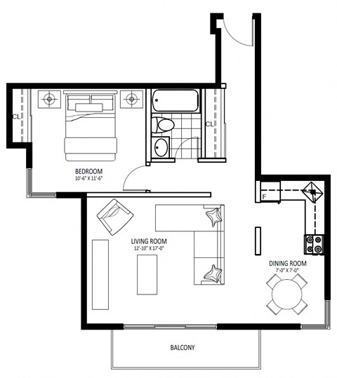Floor plan for 1 bed, 1 bath, 655 sqft