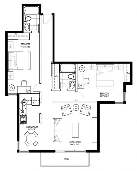 Floor plan for 2 beds, 1 bath, 937 sqft