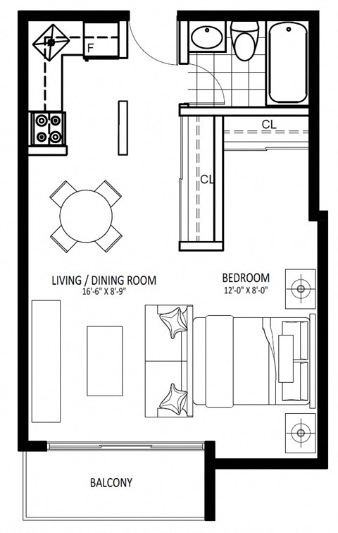 Floor plan for studio, 1 bath, 417 sqft