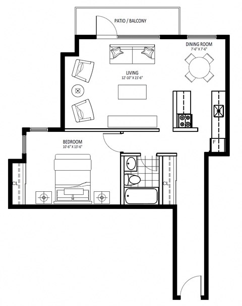 Floor plan for 1 bed, 1 bath, 581 sqft