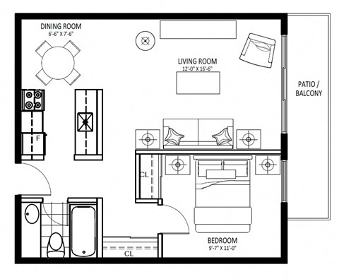 Floor plan for 1 bed, 1 bath