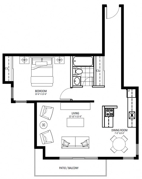 Floor plan for 1 bed, 1 bath, 594 sqft