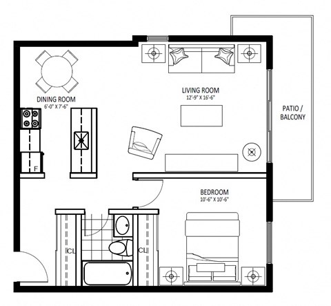Floor plan for 1 bed, 1 bath, 595 sqft