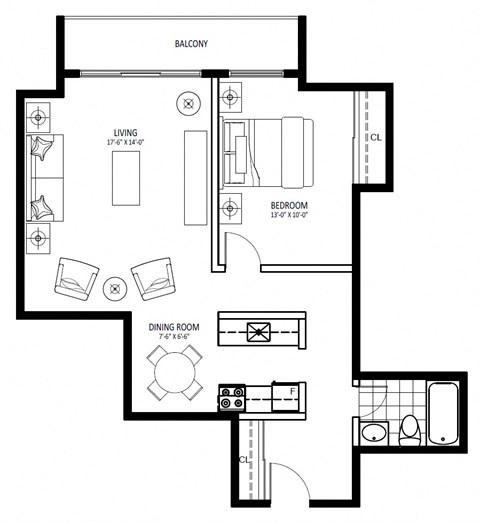 Floor plan for 1 bed, 1 bath