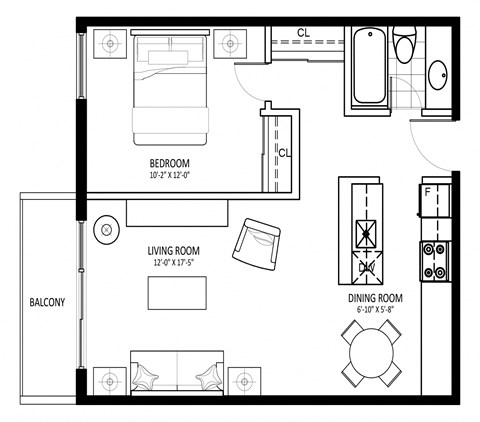 Floor plan for 1 bed, 1 bath, 595 sqft