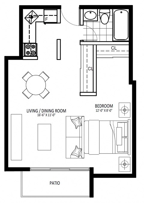 Floor plan for 1 bed, 1 bath, 417 sqft