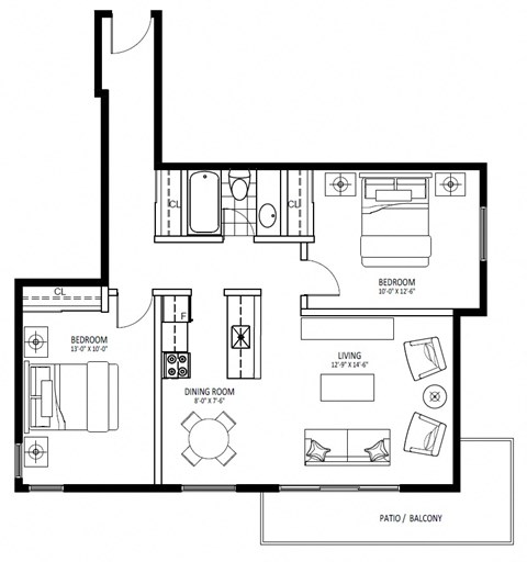 Floor plan for 2 beds, 1 bath, 837 sqft