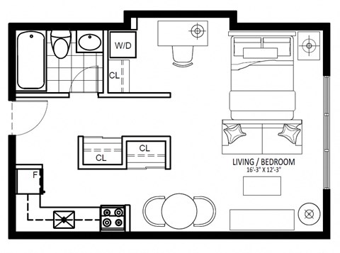 Floor plan for studio, 1 bath, 477 sqft