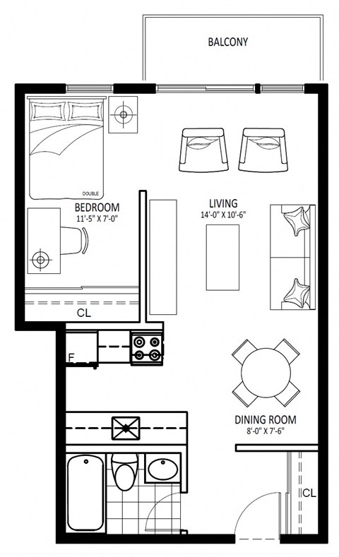 Floor plan for studio, 1 bath, 477 sqft