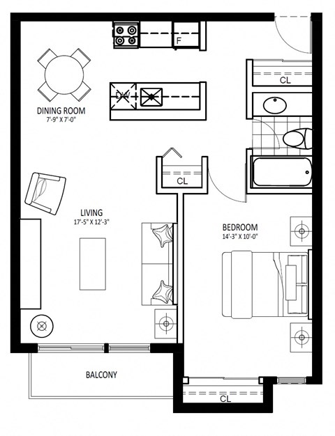Floor plan for 1 bed, 1 bath, 636 sqft