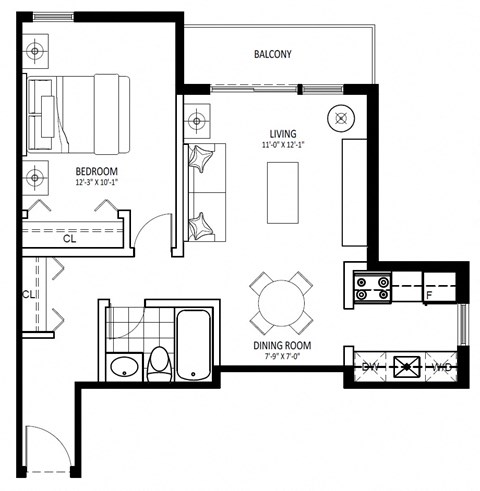 Floor plan for 1 bed, 1 bath