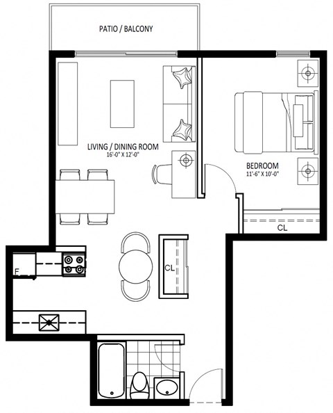 Floor plan for 1 bed, 1 bath, 477 sqft