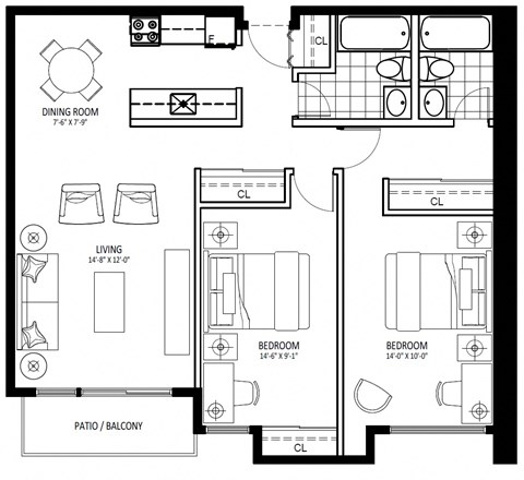 Floor plan for 2 beds, 1 bath, 867 sqft
