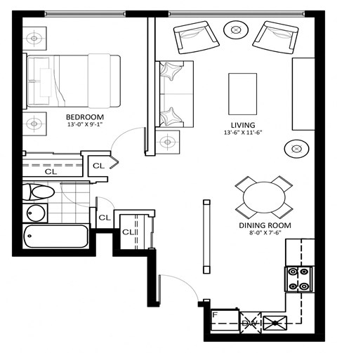 Floor plan for 1 bed, 1 bath, 598 sqft