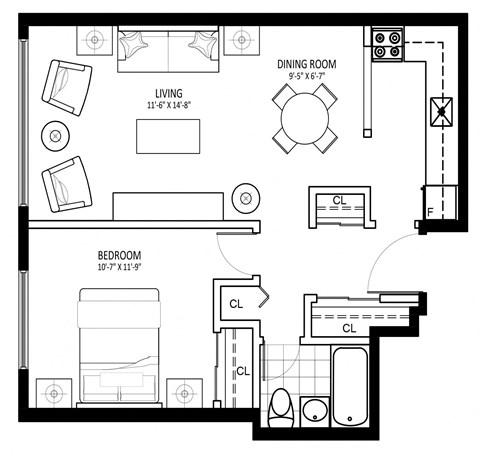 Floor plan for 1 bed, 1 bath, 624 sqft
