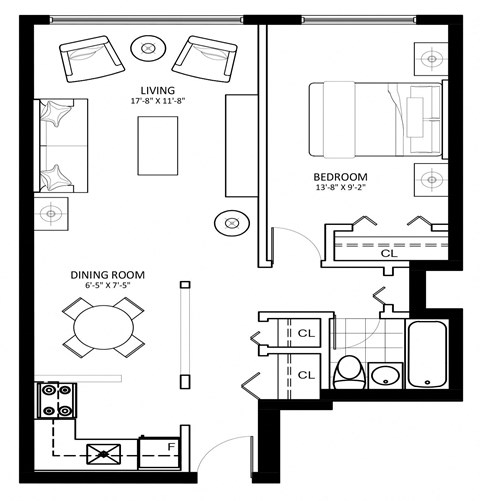 Floor plan for 1 bed, 1 bath, 630 sqft