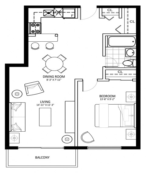 Floor plan for 1 bed, 1 bath, 667 sqft