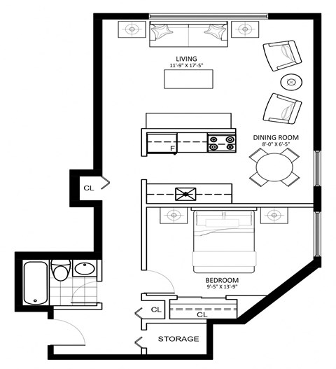 Floor plan for 1 bed, 1 bath, 687 sqft