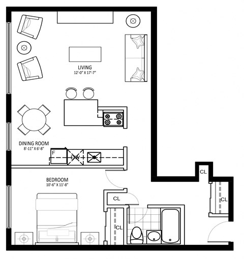 Floor plan for 1 bed, 1 bath, 698 sqft