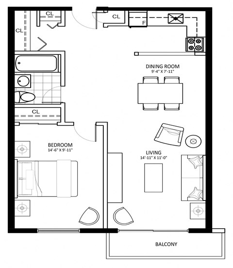 Floor plan for 1 bed, 1 bath, 699 sqft