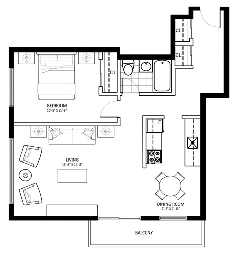 Floor plan for 1 bed, 1 bath, 730 sqft