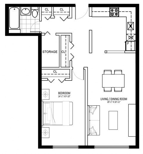 Floor plan for 1 bed, 1 bath, 743 sqft