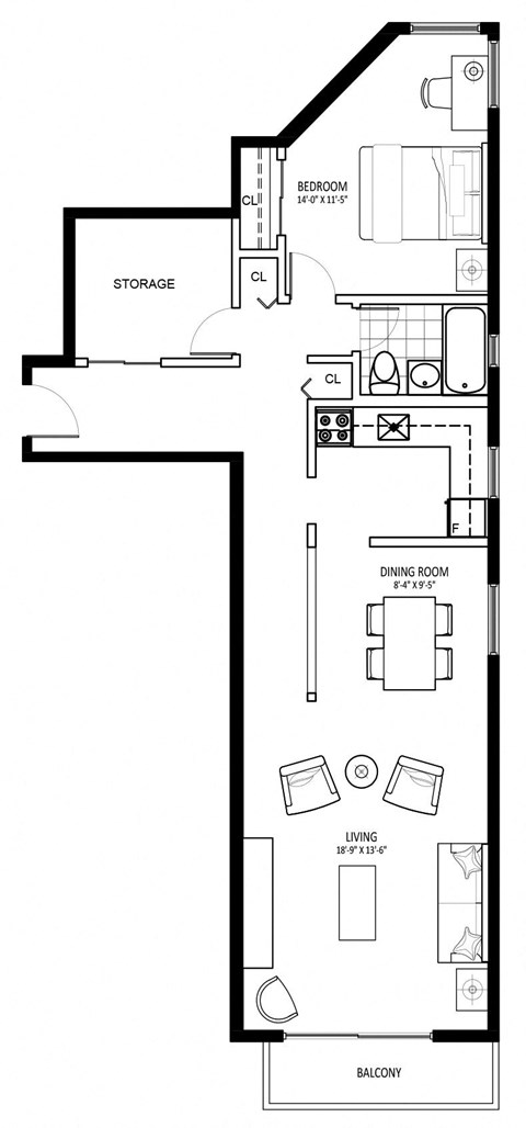 Floor plan for 1 bed, 1 bath