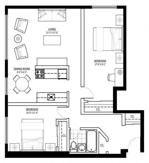 Floor plan for 2 beds, 1 bath
