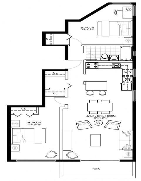 Floor plan for 2 beds, 1 bath, 1039 sqft