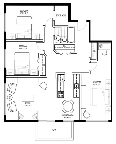 Floor plan for 3 beds, 1 bath