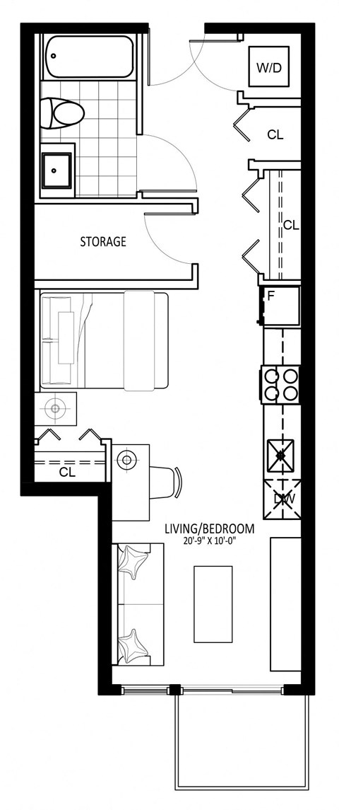 Floor plan for studio, 1 bath, 475 sqft