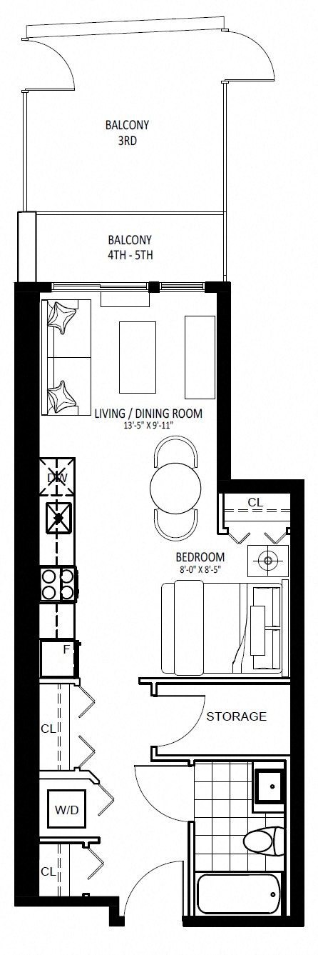 Floor plan for studio, 1 bath, 488 sqft