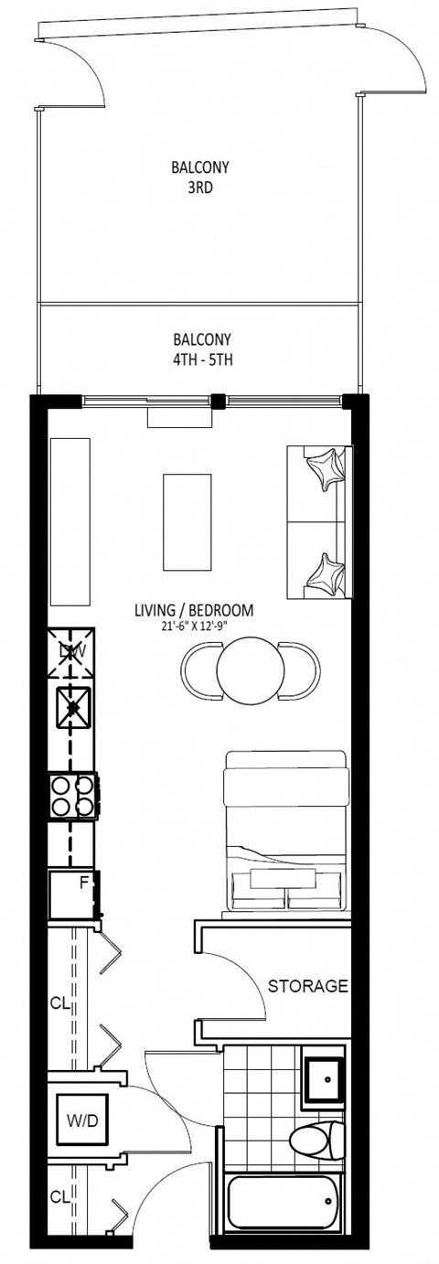 Floor plan for studio, 1 bath, 483 sqft