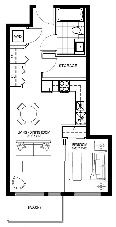 Floor plan for 1 bed, 1 bath, 536 sqft