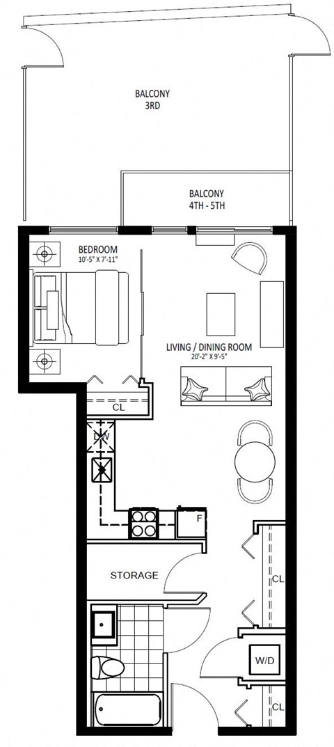 Floor plan for 1 bed, 1 bath, 574 sqft