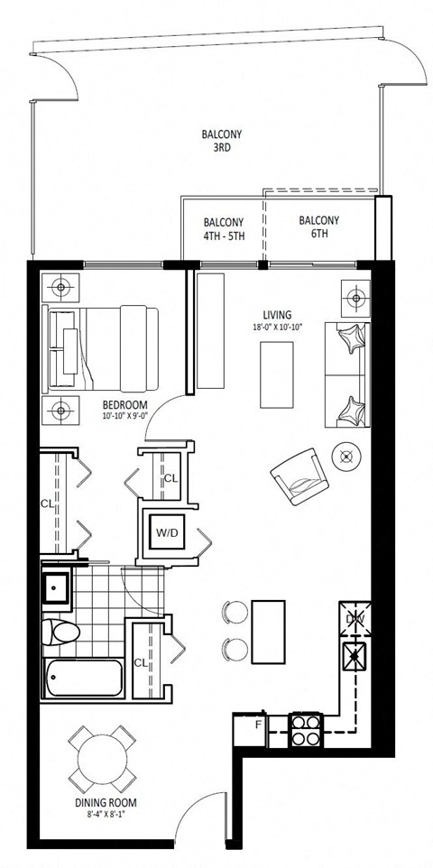 Floor plan for 1 bed, 1 bath, 699 sqft