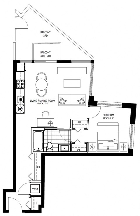 Floor plan for 1 bed, 1 bath, 654 sqft